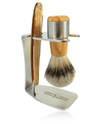 Golddachs Rasier-Sets Rasierset Olivenholz/Edelstahl mit Rasiermesser & Silberspitzhaar-Pinsel (3-teilig)