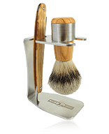 Golddachs Rasier-Sets Rasierset Olivenholz/Edelstahl mit Rasiermesser & Silberspitzhaar-Pinsel Rasier‑Set 3-teilig