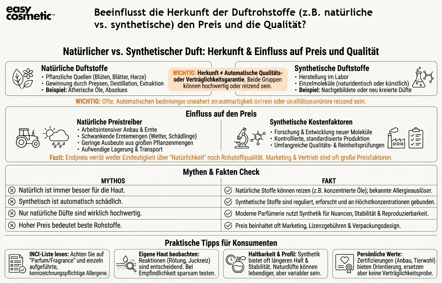 Beeinflusst die Herkunft der Duftrohstoffe (z.B. natürliche vs. synthetische) den Preis und die Qualität?