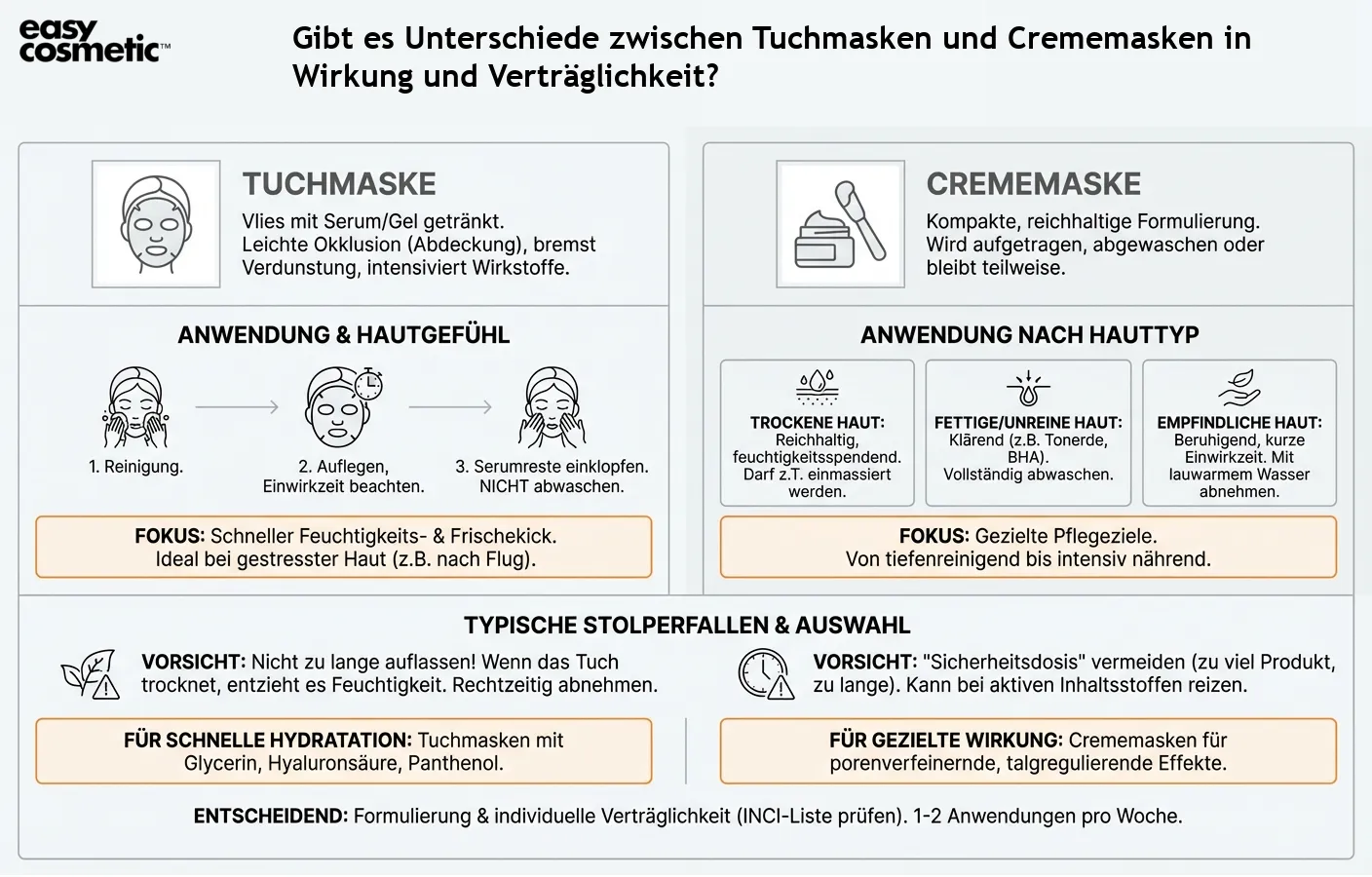Gibt es Unterschiede zwischen Tuchmasken und Crememasken in Wirkung und Verträglichkeit?