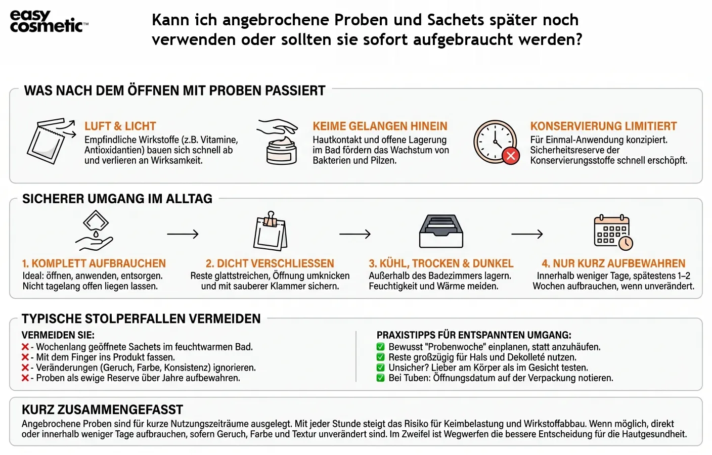 Kann ich angebrochene Proben und Sachets später noch verwenden oder sollten sie sofort aufgebraucht werden?