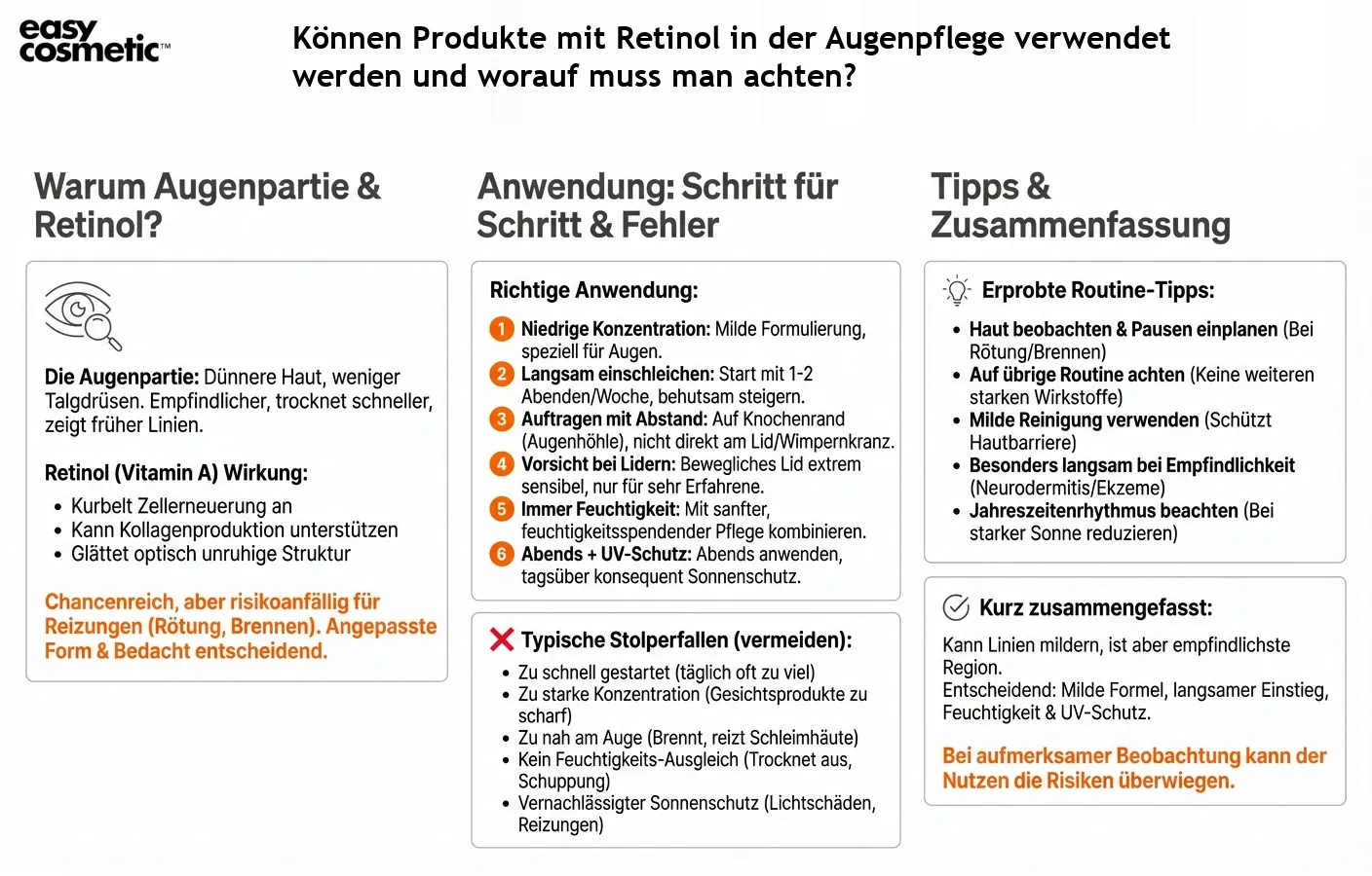 Können Produkte mit Retinol in der Augenpflege verwendet werden und worauf muss man achten?