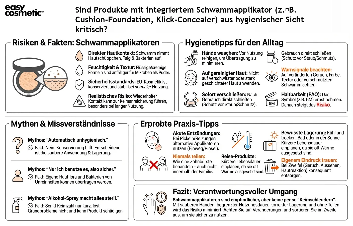 Sind Produkte mit integriertem Schwammapplikator (z. B. Cushion-Foundation, Klick-Concealer) aus hygienischer Sicht kritisch?