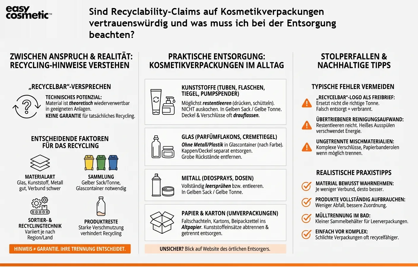 Sind Recyclability-Claims auf Kosmetikverpackungen vertrauenswürdig und was muss ich bei der Entsorgung beachten?