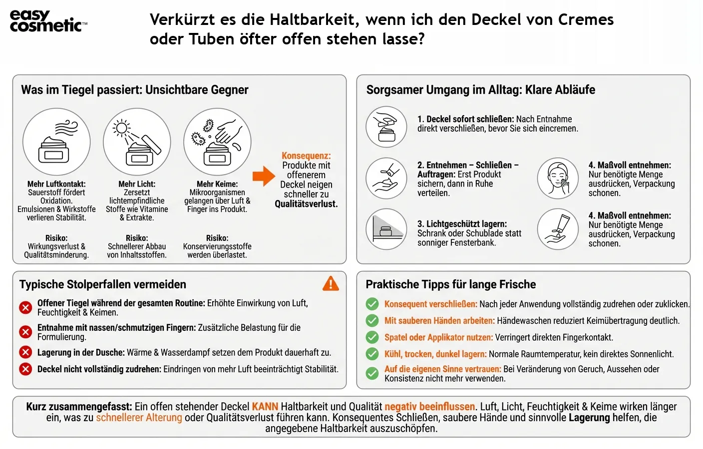 Verkürzt es die Haltbarkeit, wenn ich den Deckel von Cremes oder Tuben öfter offen stehen lasse?