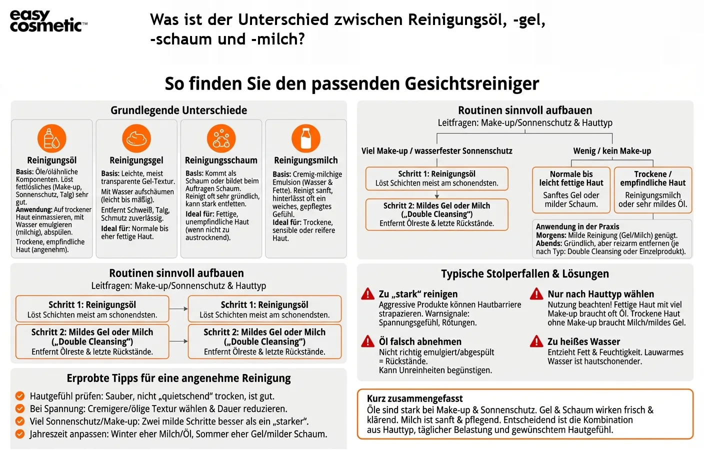 Was ist der Unterschied zwischen Reinigungsöl, -gel, -schaum und -milch?