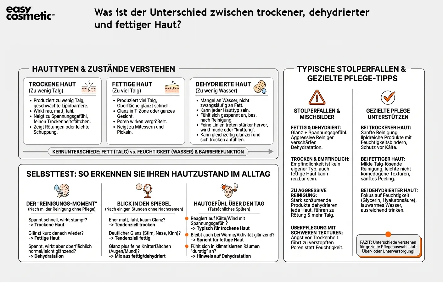 Was ist der Unterschied zwischen trockener, dehydrierter und fettiger Haut?