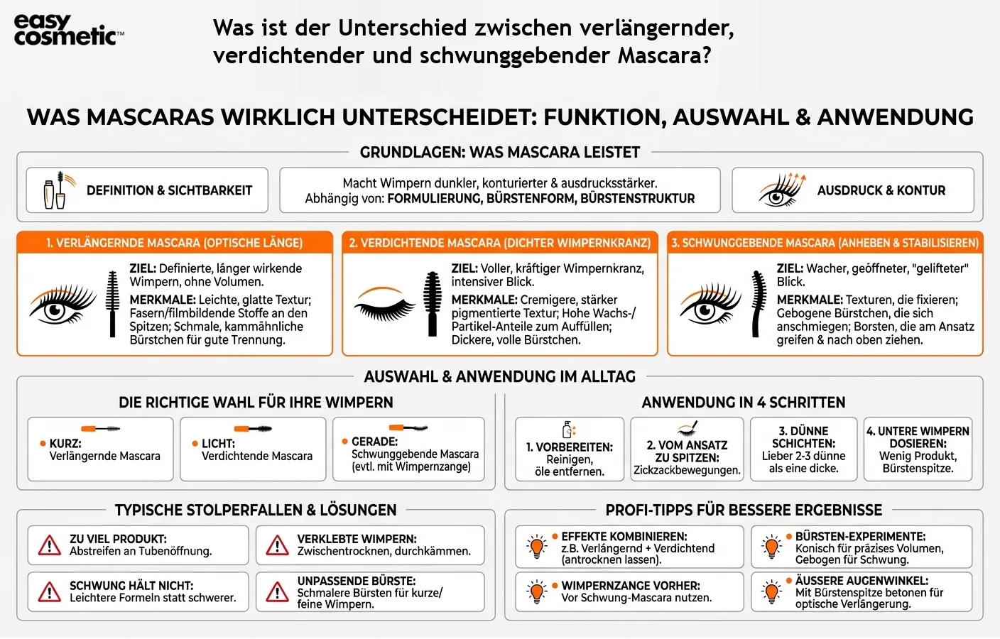 Was ist der Unterschied zwischen verlängernder, verdichtender und schwunggebender Mascara?