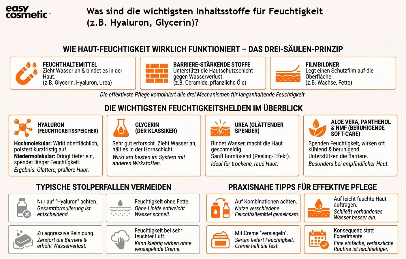Was sind die wichtigsten Inhaltsstoffe für Feuchtigkeit (z.B. Hyaluron, Glycerin)?
