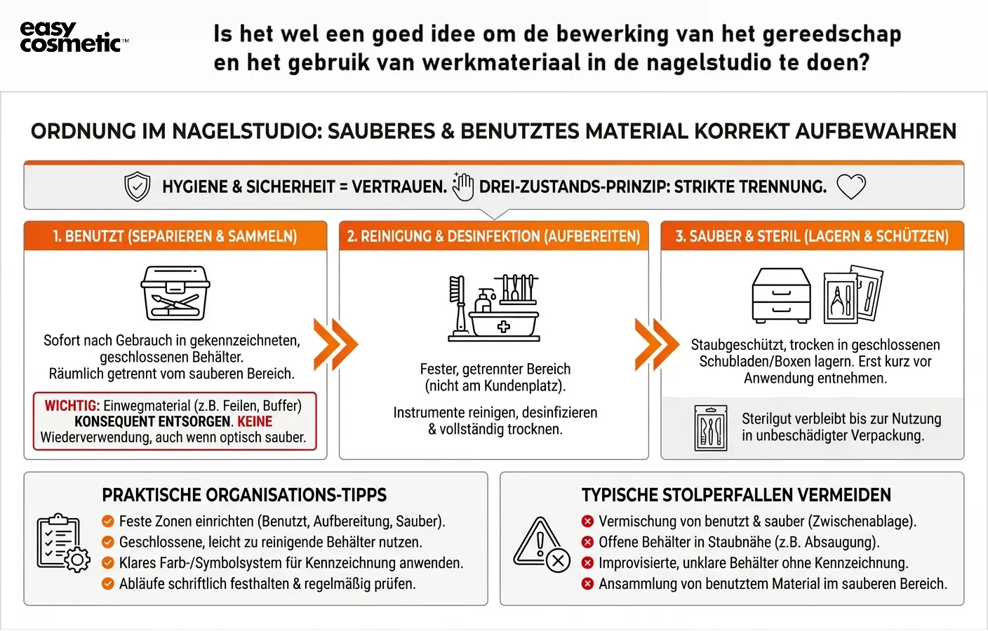 Welche Anforderungen gibt es an die Aufbewahrung von sauberem und benutztem Arbeitsmaterial im Nagelstudio?