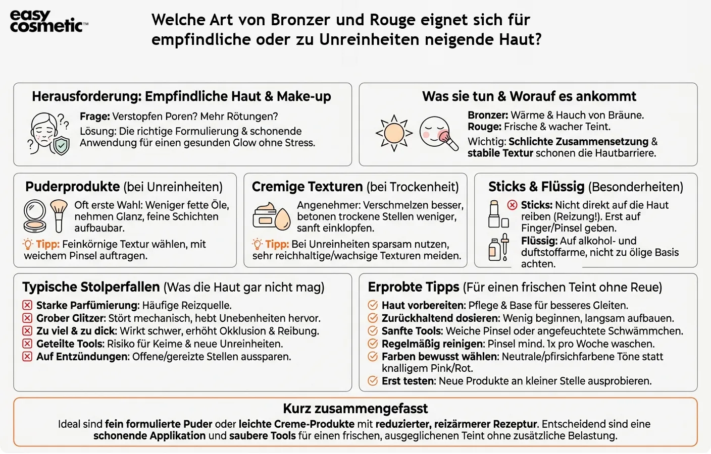 Welche Art von Bronzer und Rouge eignet sich für empfindliche oder zu Unreinheiten neigende Haut?