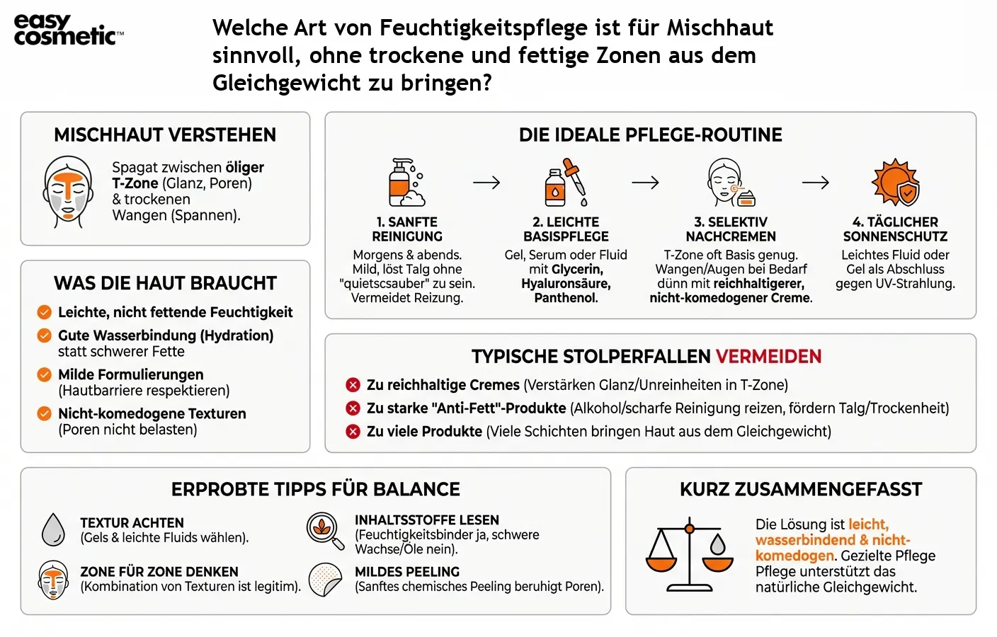 Welche Art von Feuchtigkeitspflege ist für Mischhaut sinnvoll, ohne trockene und fettige Zonen aus dem Gleichgewicht zu bringen?