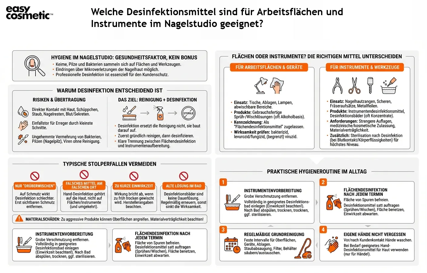 Welche Desinfektionsmittel sind für Arbeitsflächen und Instrumente im Nagelstudio geeignet?