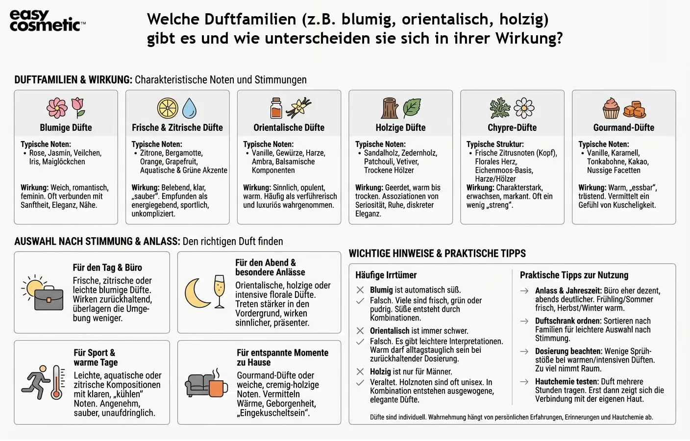 Welche Duftfamilien (z.B. blumig, orientalisch, holzig) gibt es und wie unterscheiden sie sich in ihrer Wirkung?
