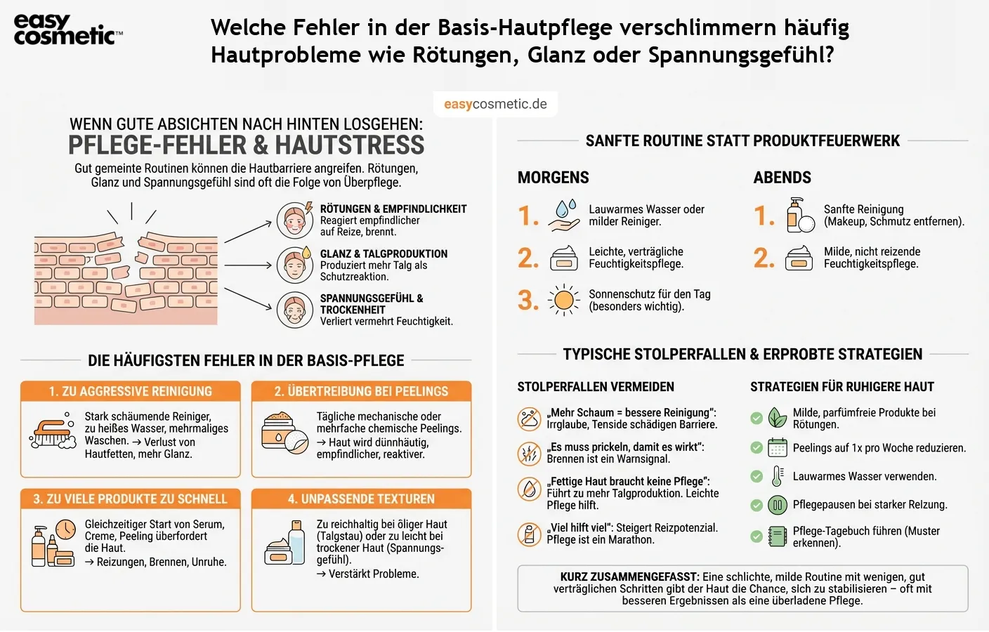 Welche Fehler in der Basis-Hautpflege verschlimmern häufig Hautprobleme wie Rötungen, Glanz oder Spannungsgefühl?