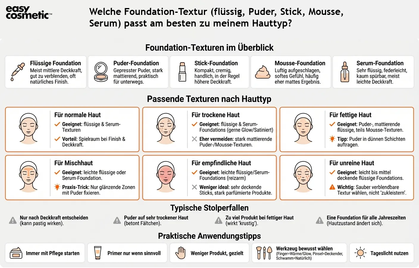 Welche Foundation-Textur (flüssig, Puder, Stick, Mousse, Serum) passt am besten zu meinem Hauttyp?
