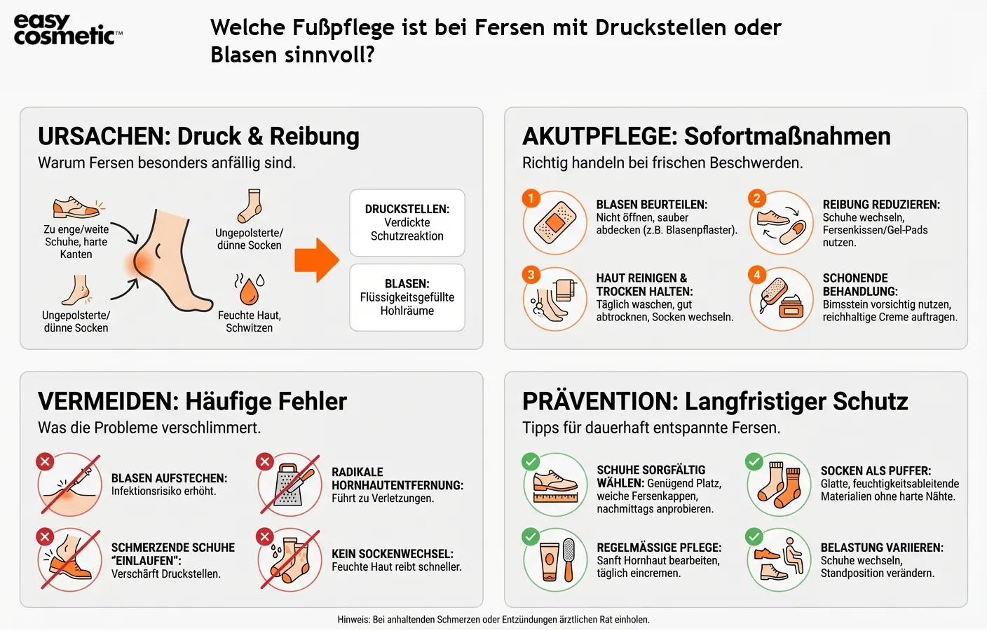 Welche Fußpflege ist bei Fersen mit Druckstellen oder Blasen sinnvoll?
