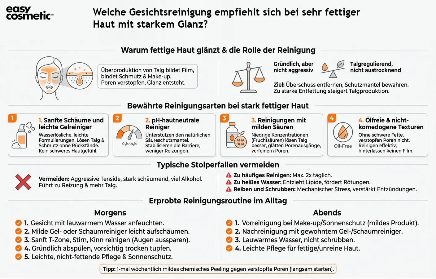 Welche Gesichtsreinigung empfiehlt sich bei sehr fettiger Haut mit starkem Glanz?