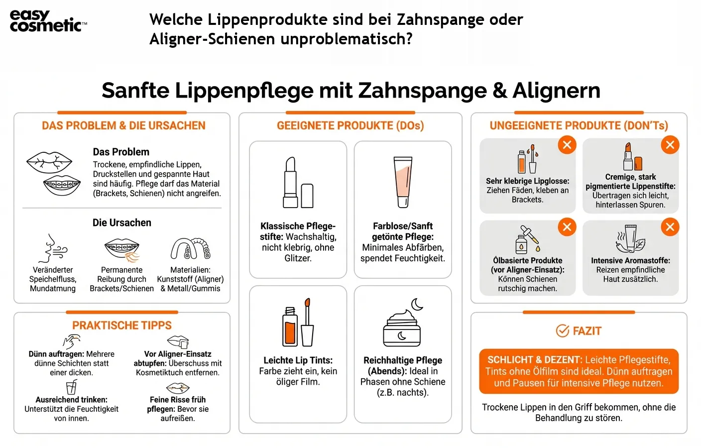 Welche Lippenprodukte sind bei Zahnspange oder Aligner-Schienen unproblematisch?