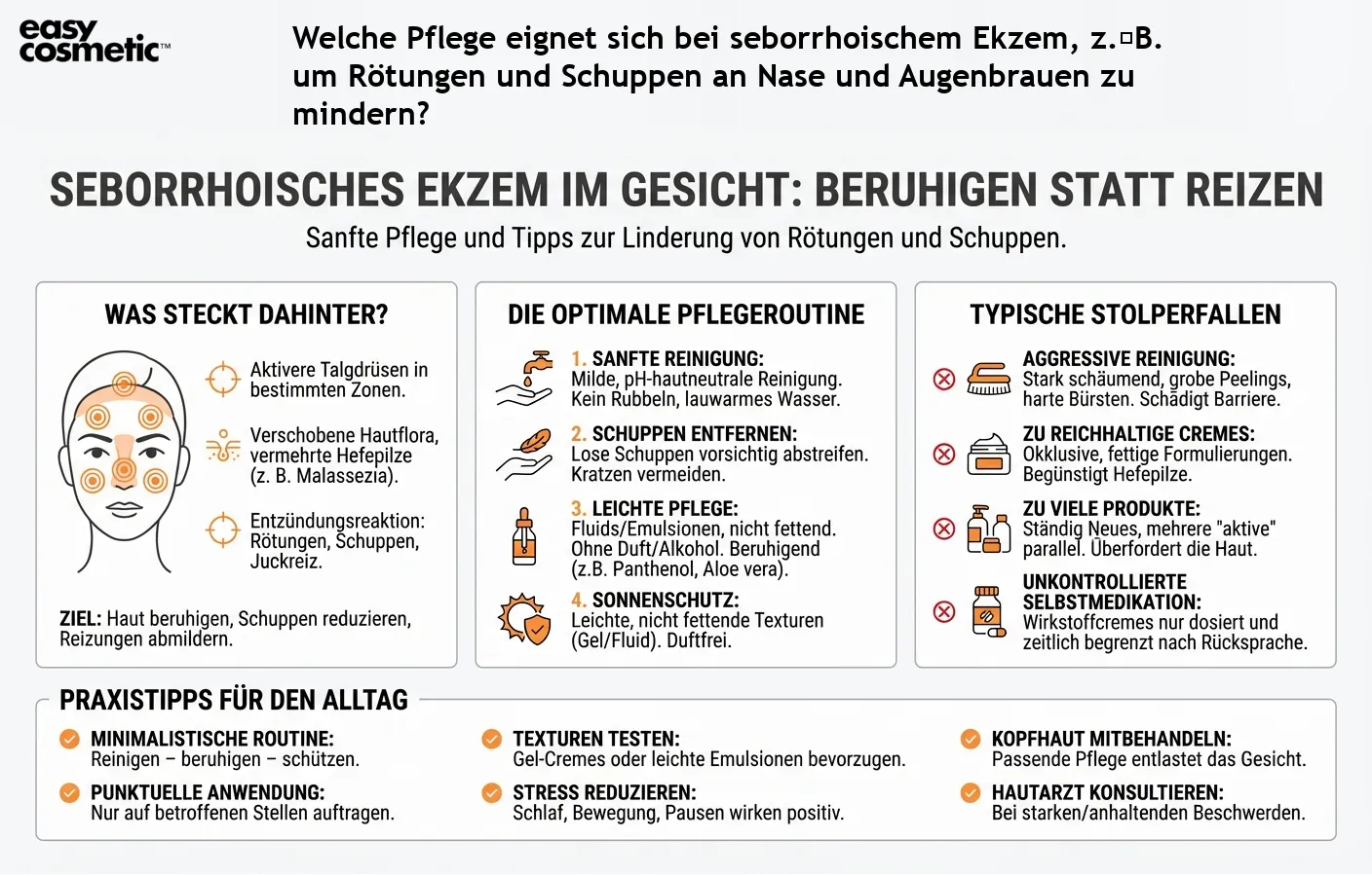 Welche Pflege eignet sich bei seborrhoischem Ekzem, z. B. um Rötungen und Schuppen an Nase und Augenbrauen zu mindern?