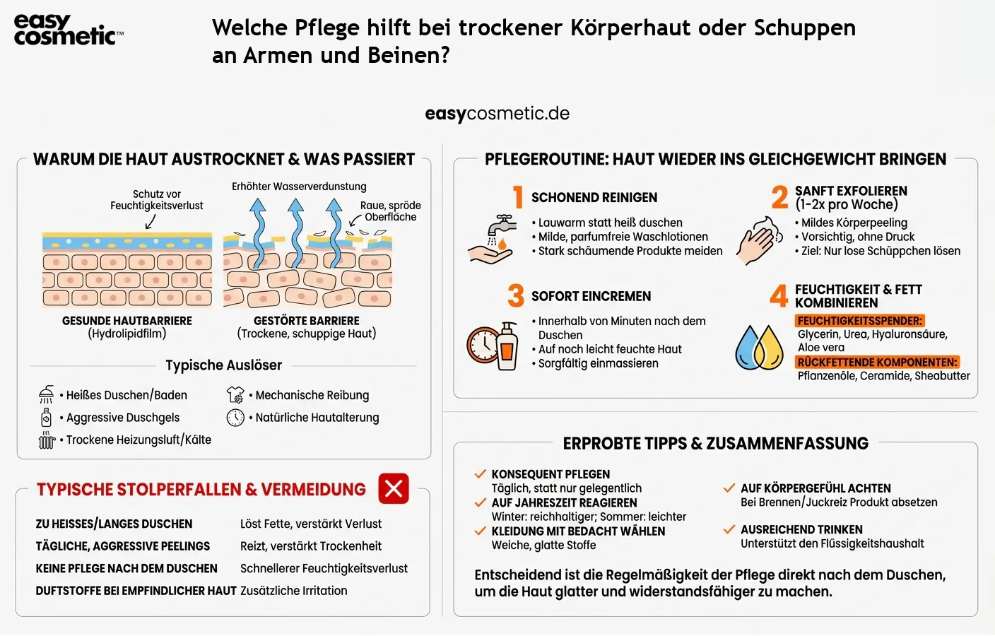Welche Pflege hilft bei trockener Körperhaut oder Schuppen an Armen und Beinen?