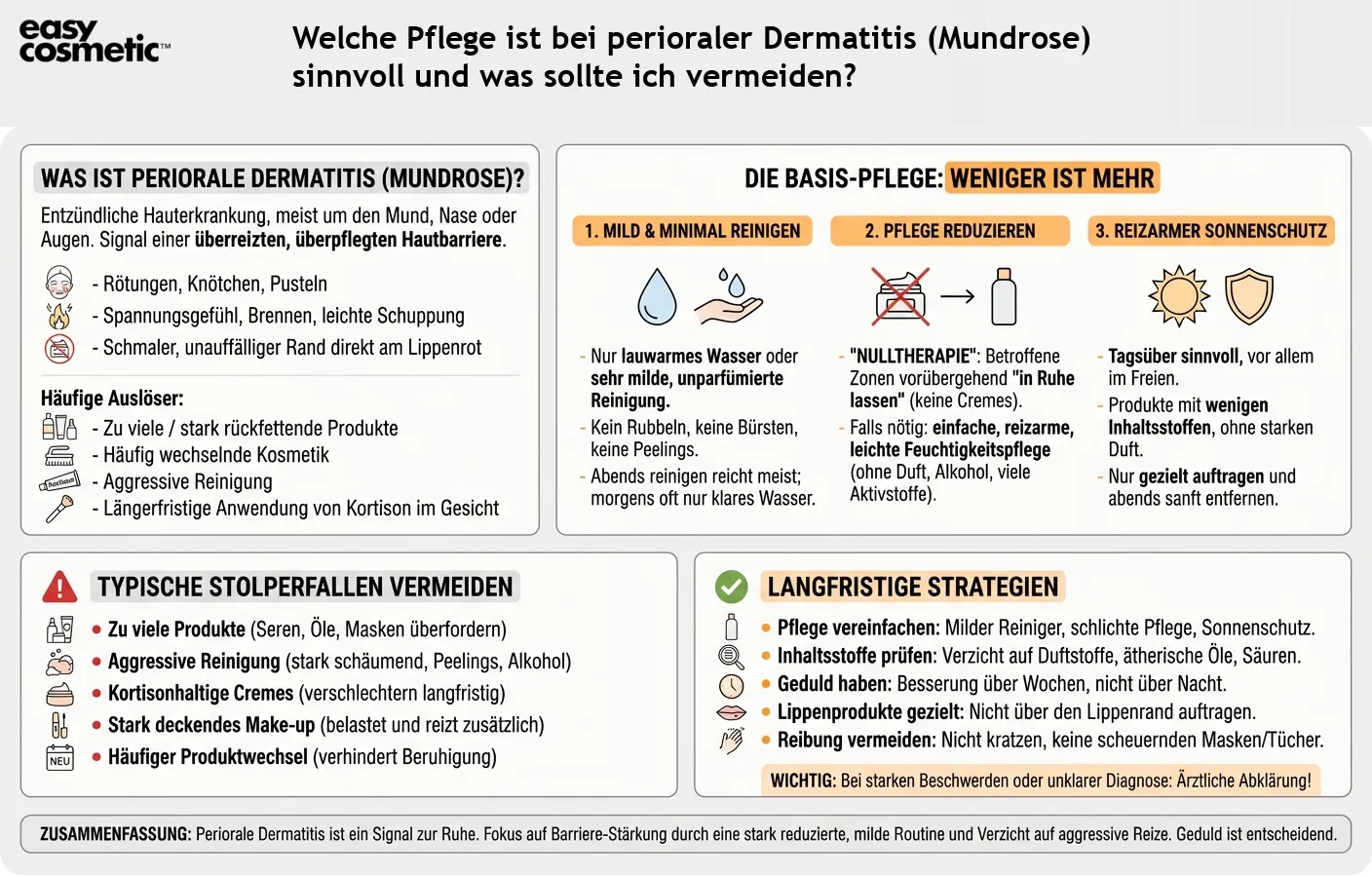 Welche Pflege ist bei perioraler Dermatitis (Mundrose) sinnvoll und was sollte ich vermeiden?