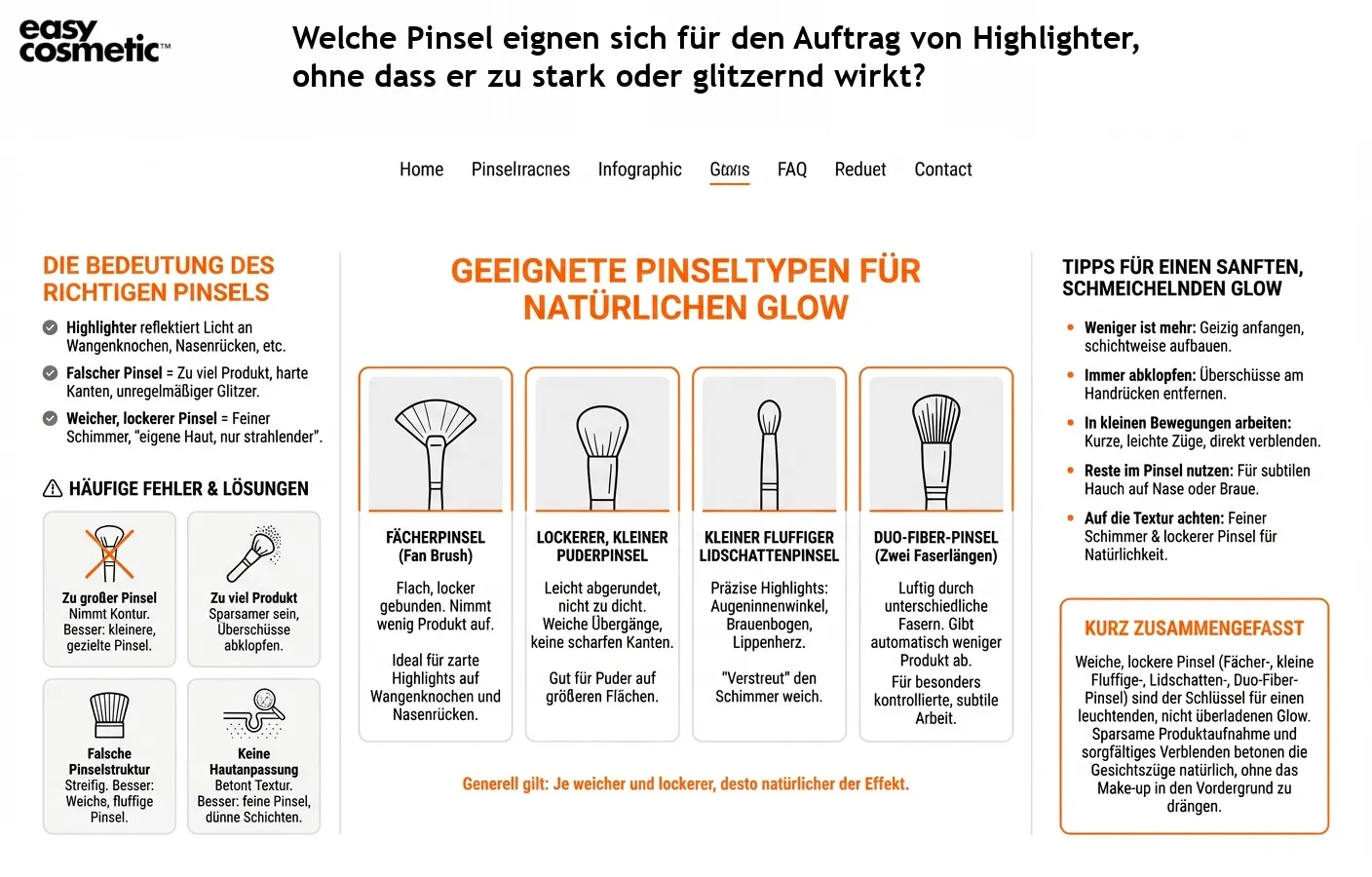 Welche Pinsel eignen sich für den Auftrag von Highlighter, ohne dass er zu stark oder glitzernd wirkt?
