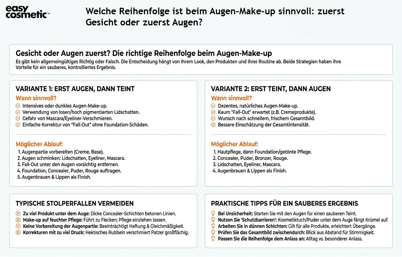Welche Reihenfolge ist beim Augen-Make-up sinnvoll: zuerst Gesicht oder zuerst Augen?