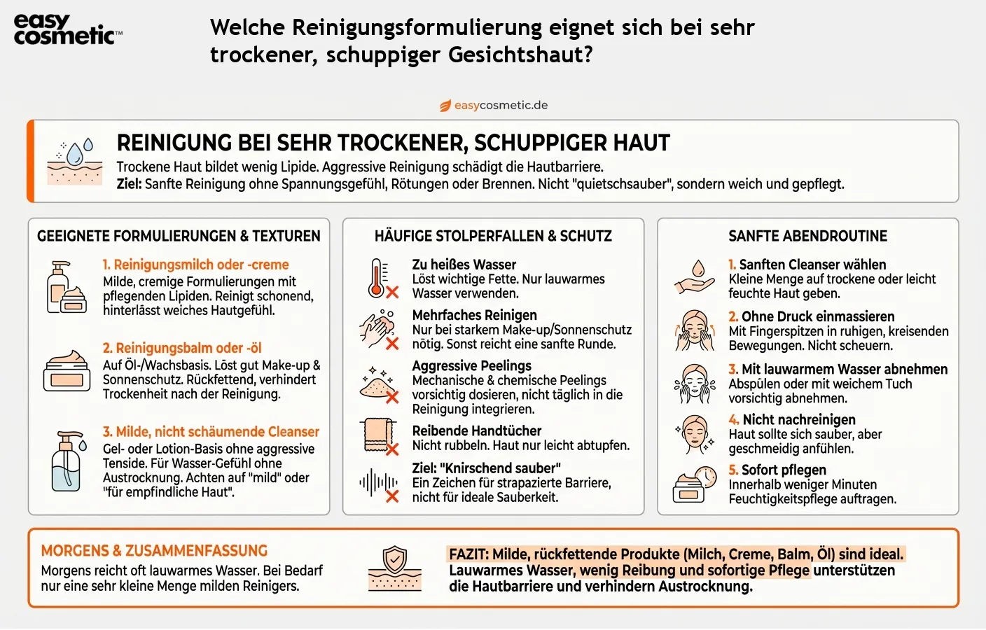 Welche Reinigungsformulierung eignet sich bei sehr trockener, schuppiger Gesichtshaut?