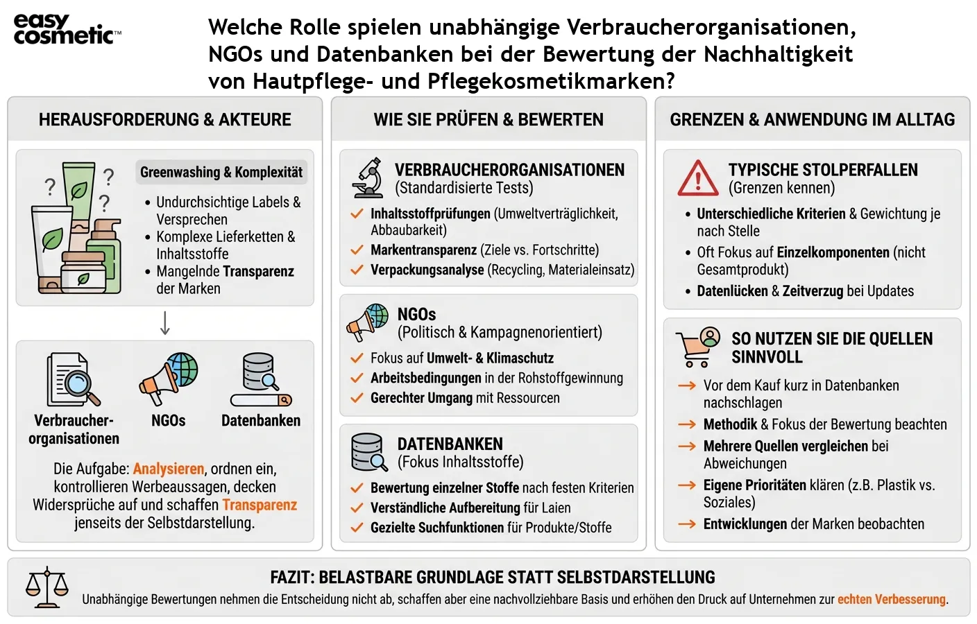 Welche Rolle spielen unabhängige Verbraucherorganisationen, NGOs und Datenbanken bei der Bewertung der Nachhaltigkeit von Hautpflege- und Pflegekosmetikmarken?