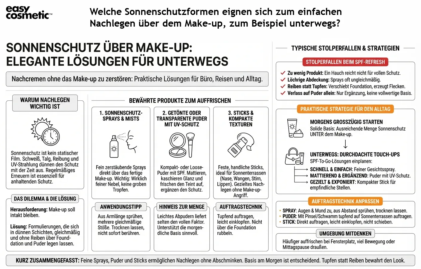Welche Sonnenschutzformen eignen sich zum einfachen Nachlegen über dem Make-up, zum Beispiel unterwegs?