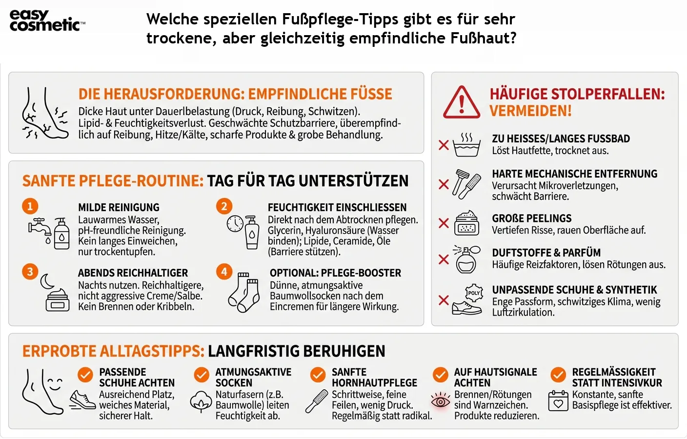 Welche speziellen Fußpflege-Tipps gibt es für sehr trockene, aber gleichzeitig empfindliche Fußhaut?
