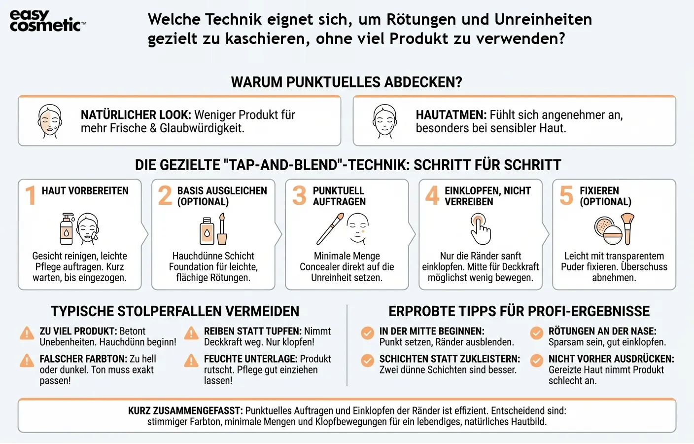 Welche Technik eignet sich, um Rötungen und Unreinheiten gezielt zu kaschieren, ohne viel Produkt zu verwenden?
