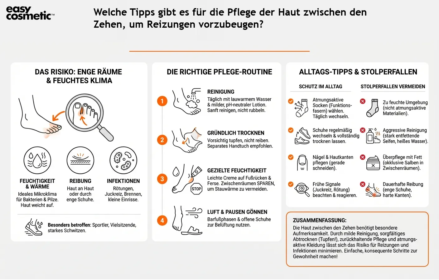 Welche Tipps gibt es für die Pflege der Haut zwischen den Zehen, um Reizungen vorzubeugen?