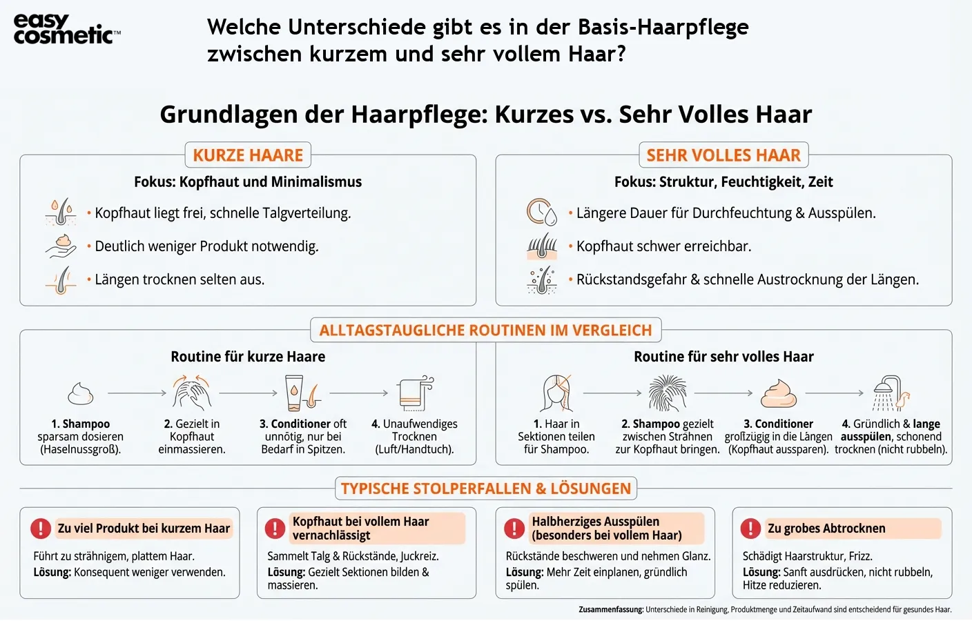 Welche Unterschiede gibt es in der Basis-Haarpflege zwischen kurzem und sehr vollem Haar?
