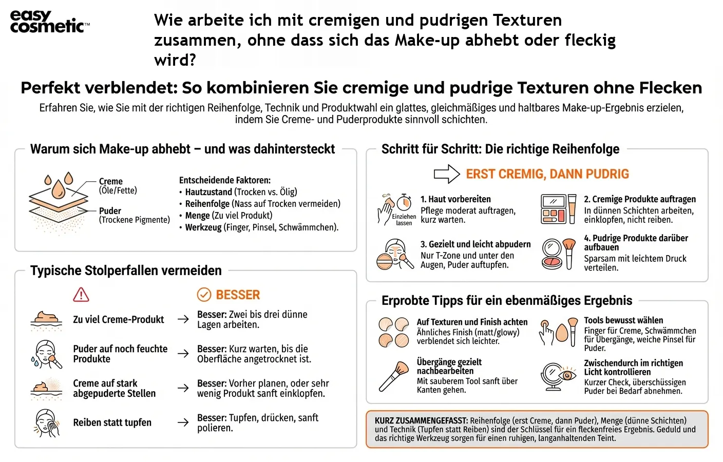 Wie arbeite ich mit cremigen und pudrigen Texturen zusammen, ohne dass sich das Make-up abhebt oder fleckig wird?