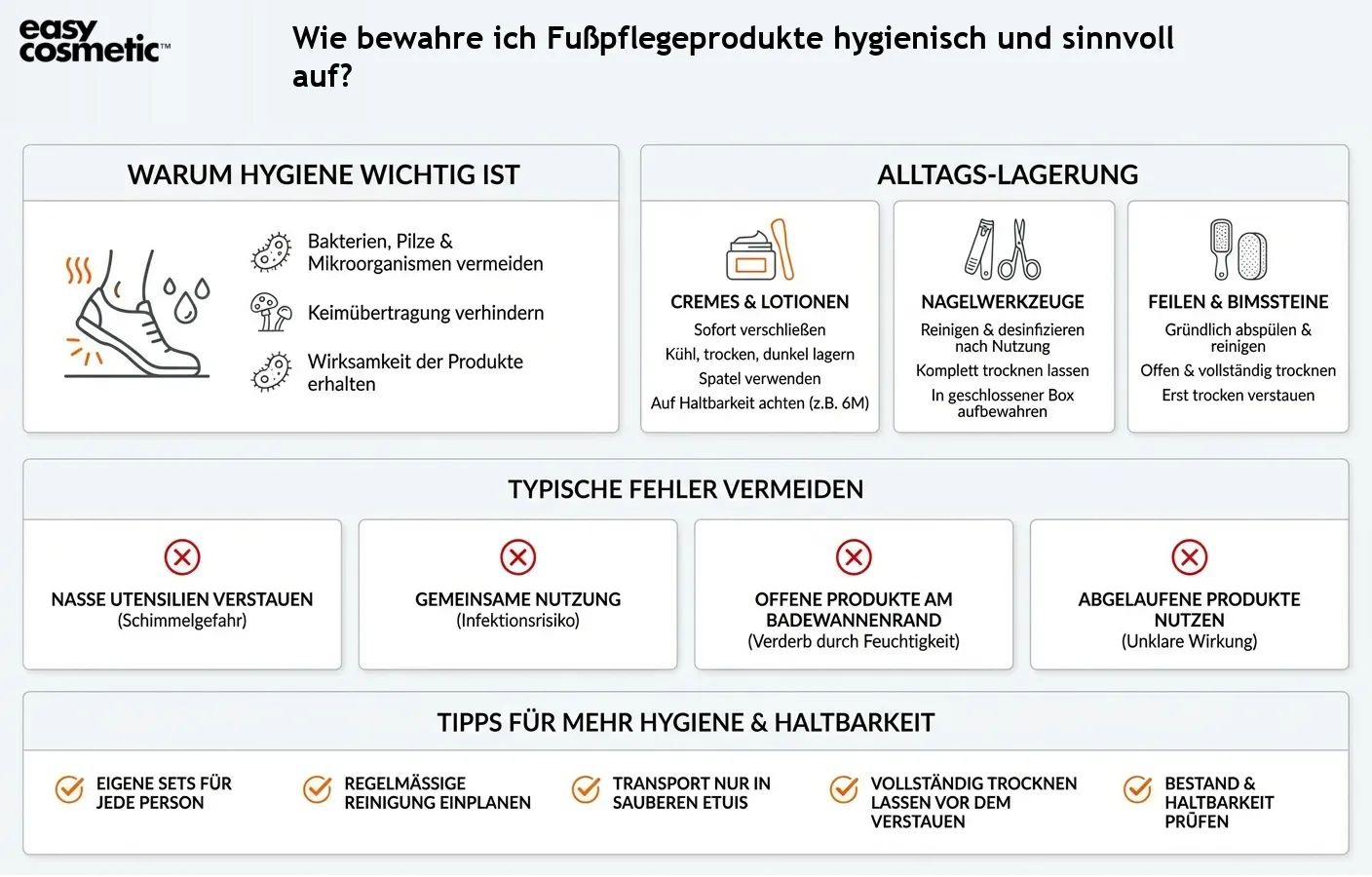 Wie bewahre ich Fußpflegeprodukte hygienisch und sinnvoll auf?