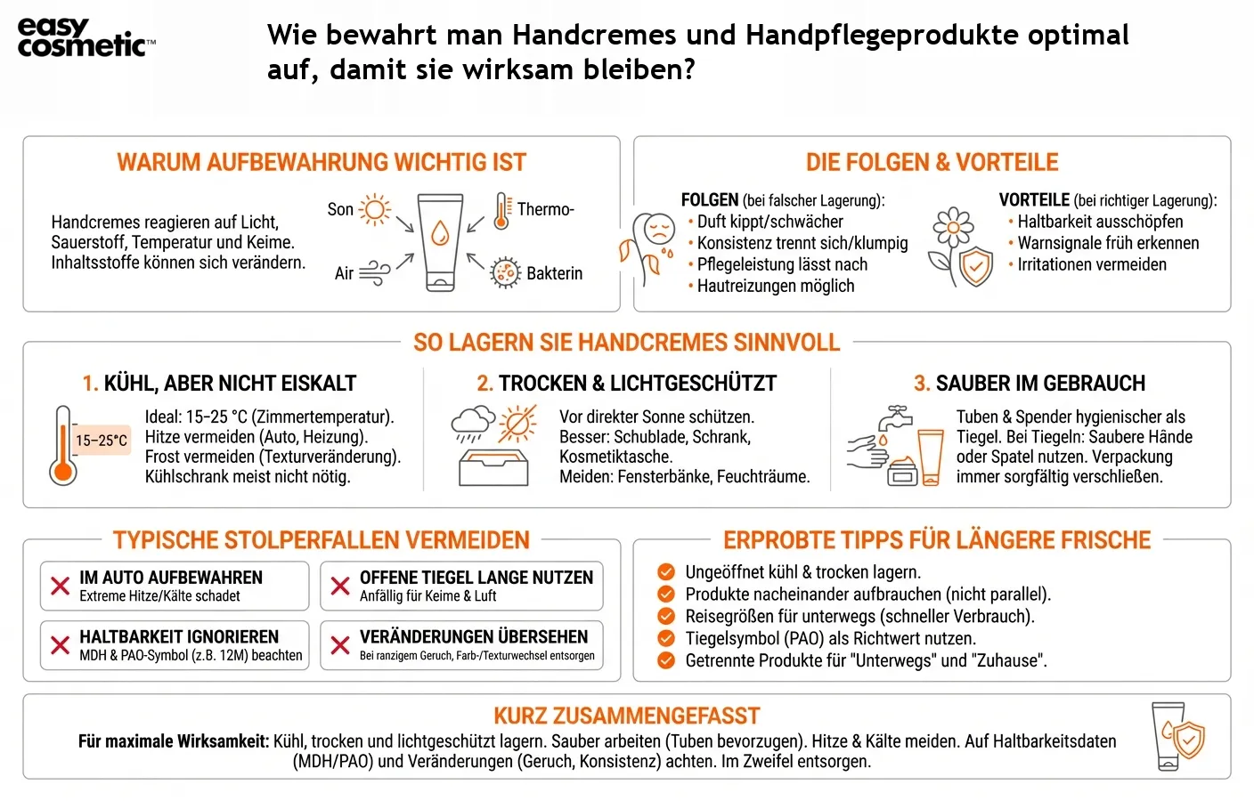 Wie bewahrt man Handcremes und Handpflegeprodukte optimal auf, damit sie wirksam bleiben?