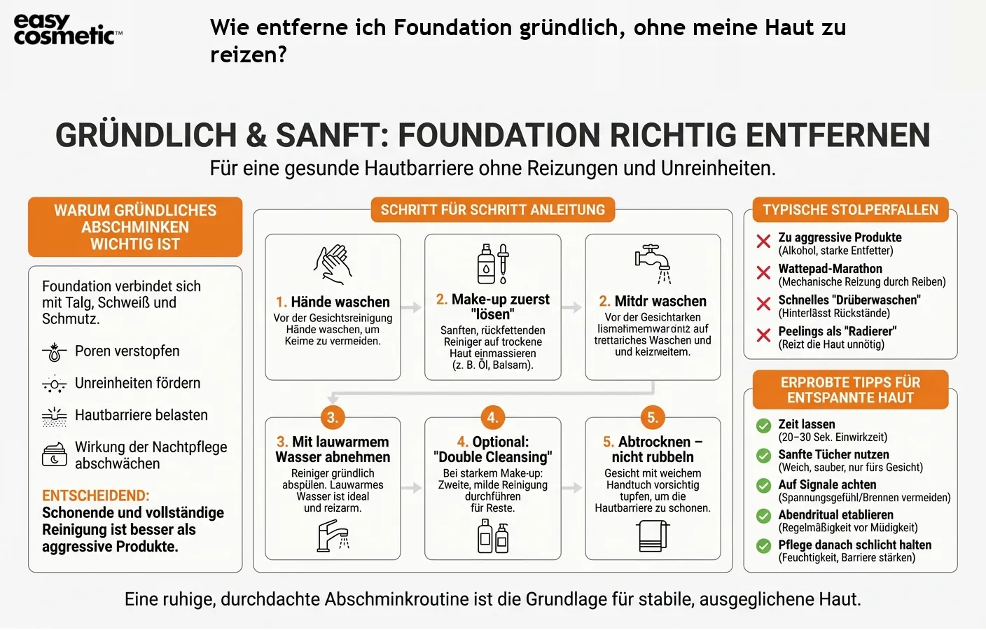 Wie entferne ich Foundation gründlich, ohne meine Haut zu reizen?