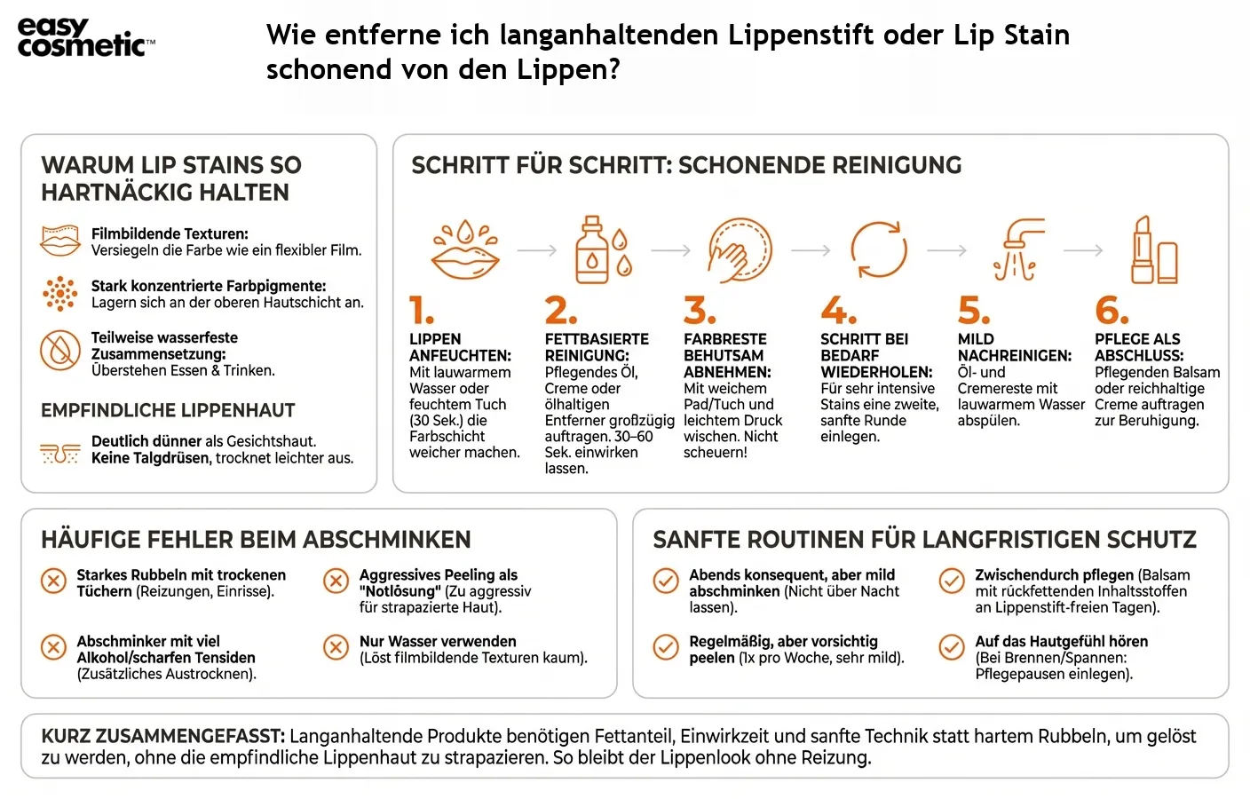 Wie entferne ich langanhaltenden Lippenstift oder Lip Stain schonend von den Lippen?
