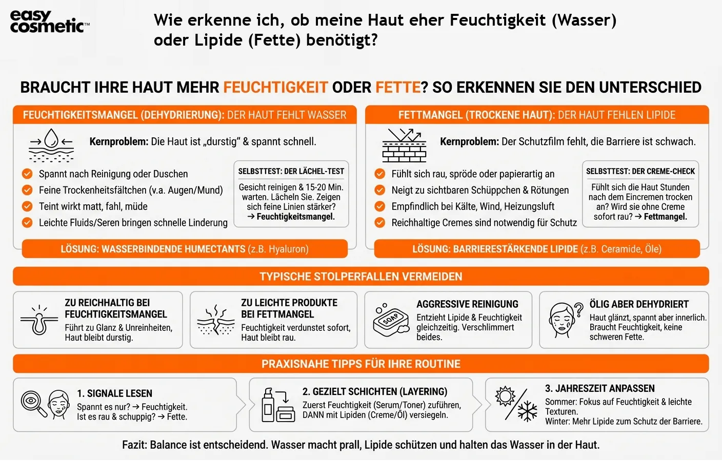 Wie erkenne ich, ob meine Haut eher Feuchtigkeit (Wasser) oder Lipide (Fette) benötigt?