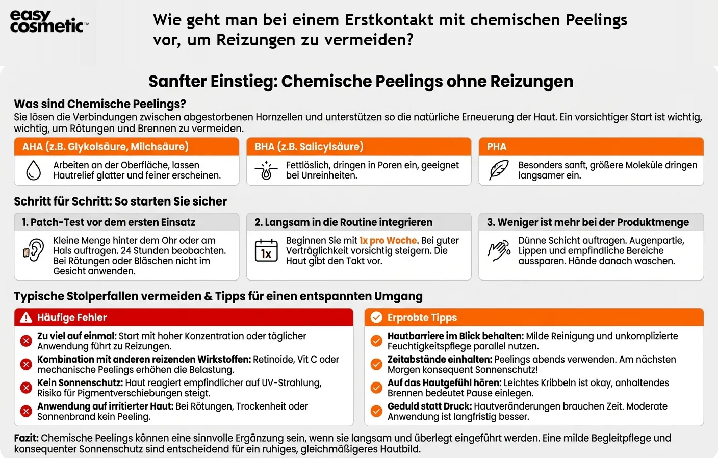 Wie geht man bei einem Erstkontakt mit chemischen Peelings vor, um Reizungen zu vermeiden?