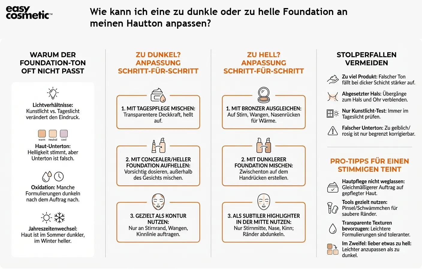 Wie kann ich eine zu dunkle oder zu helle Foundation an meinen Hautton anpassen?