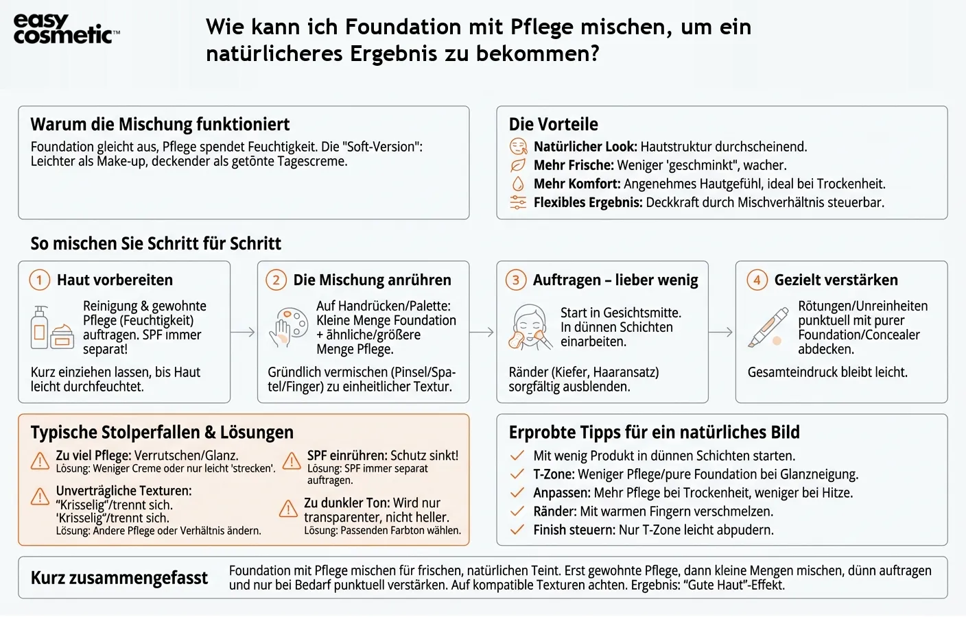 Wie kann ich Foundation mit Pflege mischen, um ein natürlicheres Ergebnis zu bekommen?
