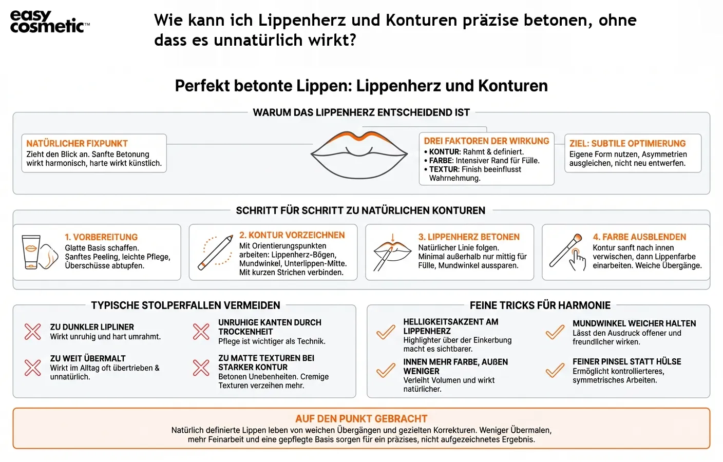 Wie kann ich Lippenherz und Konturen präzise betonen, ohne dass es unnatürlich wirkt?