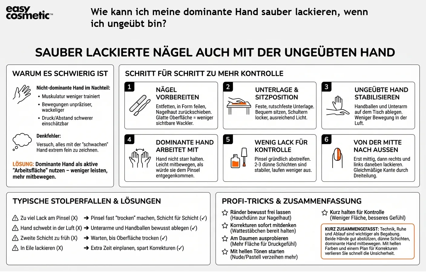 Wie kann ich meine dominante Hand sauber lackieren, wenn ich ungeübt bin?