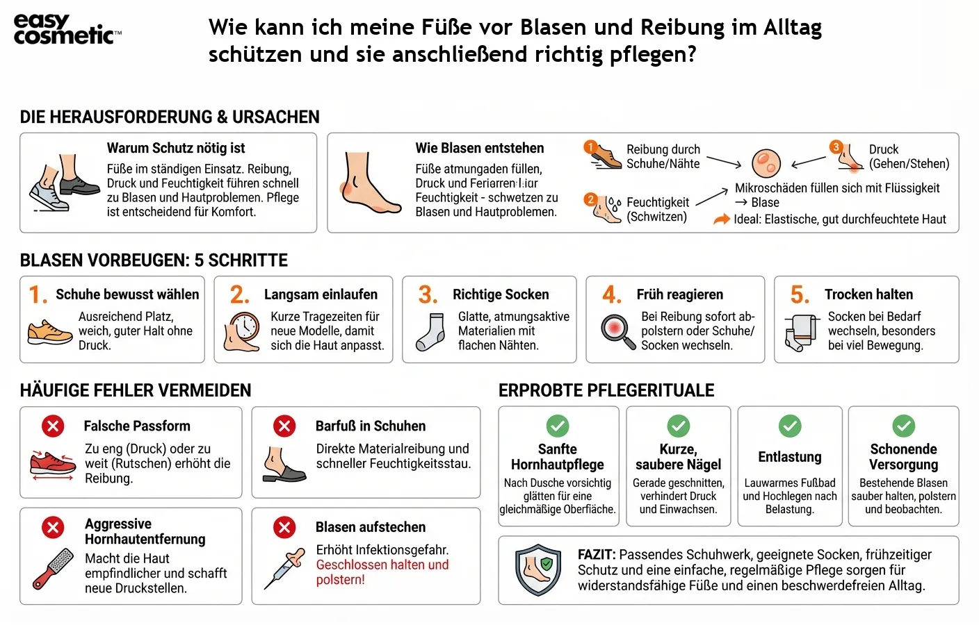 Wie kann ich meine Füße vor Blasen und Reibung im Alltag schützen und sie anschließend richtig pflegen?