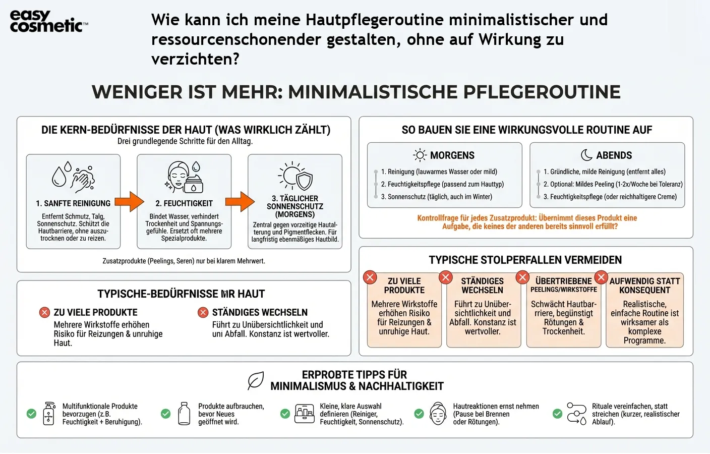Wie kann ich meine Hautpflegeroutine minimalistischer und ressourcenschonender gestalten, ohne auf Wirkung zu verzichten?