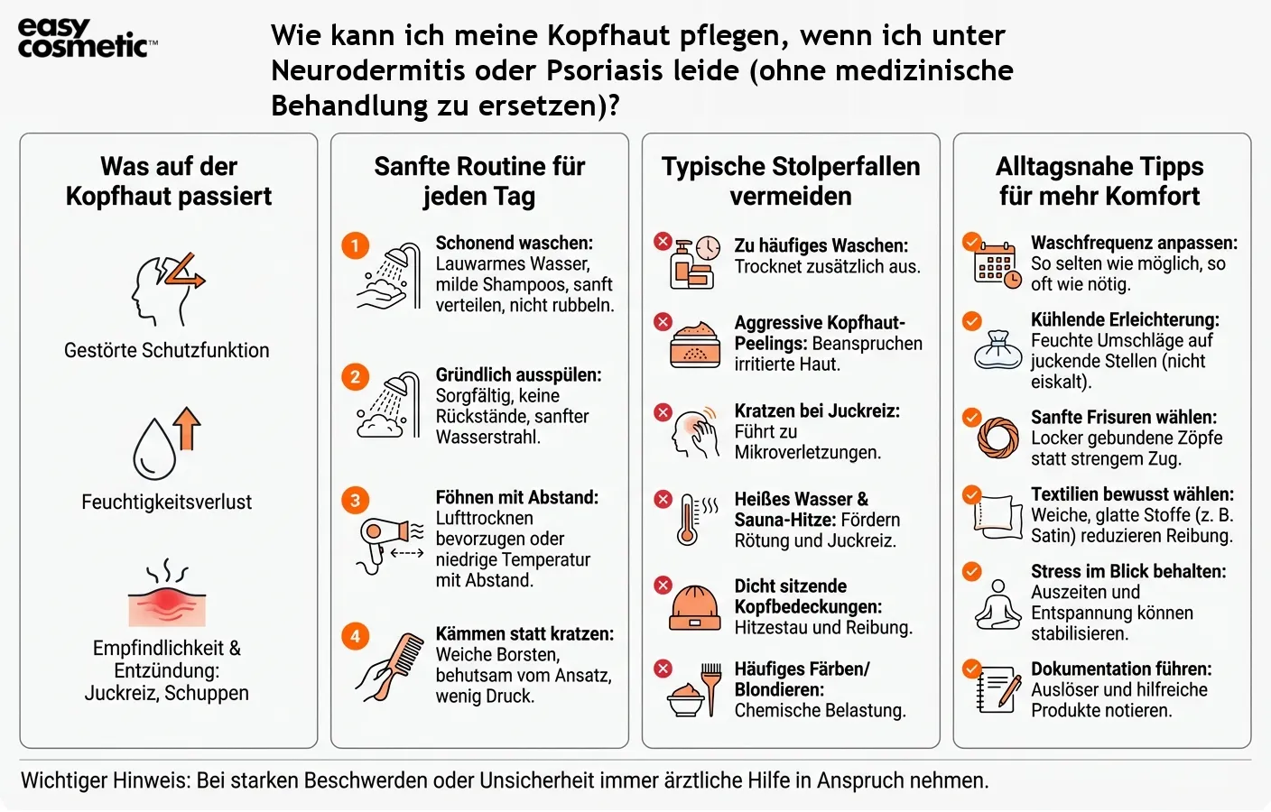 Wie kann ich meine Kopfhaut pflegen, wenn ich unter Neurodermitis oder Psoriasis leide (ohne medizinische Behandlung zu ersetzen)?