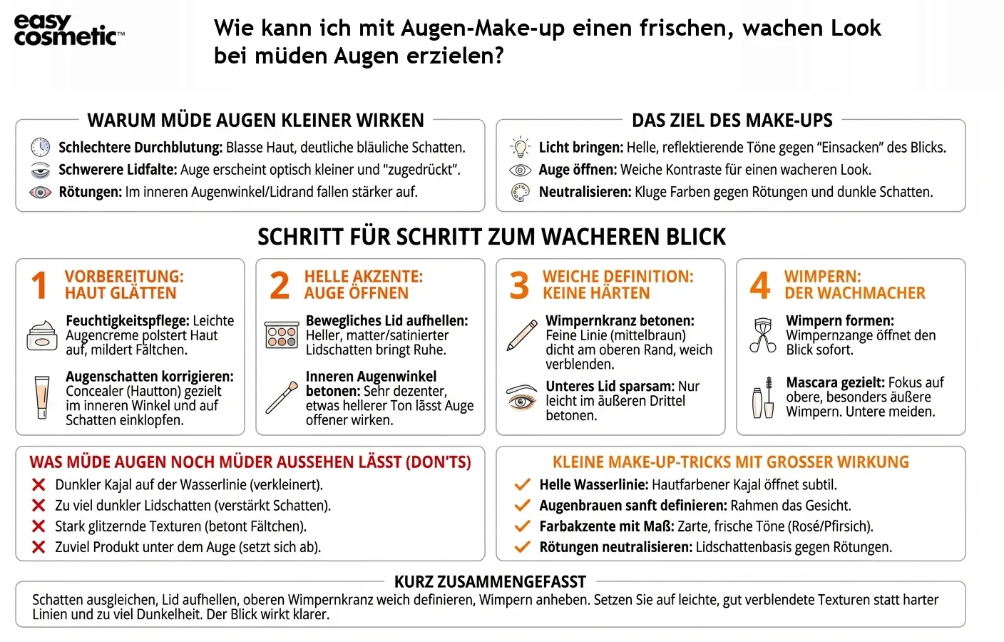 Wie kann ich mit Augen-Make-up einen frischen, wachen Look bei müden Augen erzielen?